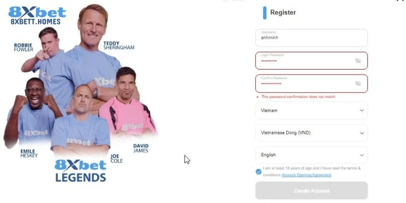 Người chơi cần thực hiện đúng theo hướng dẫn 8Xbet để đăng ký tài khoản.